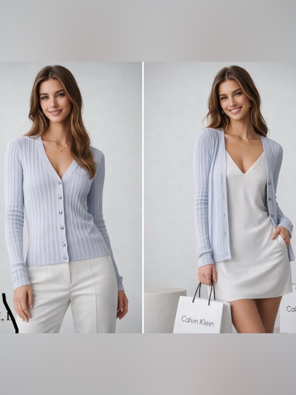Calvin Klein Soft Light Blue Ribbed V-Neck Cardigan